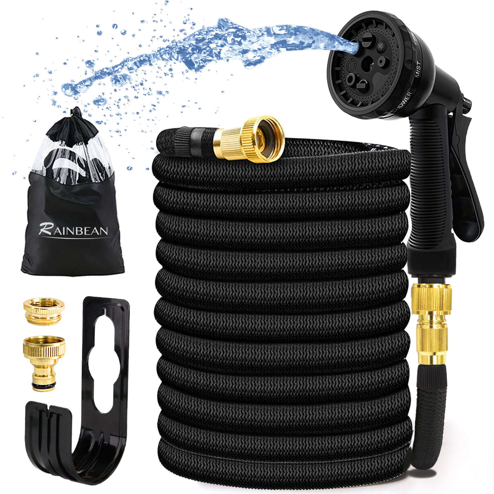 Garden Hose Pipe, Flexible Durable Magic Hose Pipe with 8 Function Spray/Hose Hanger/Storage Bag/Brass Connector, Garden Hose Reel for Car Washing Pet Bathing  25FT/Black ,Amazon Banned